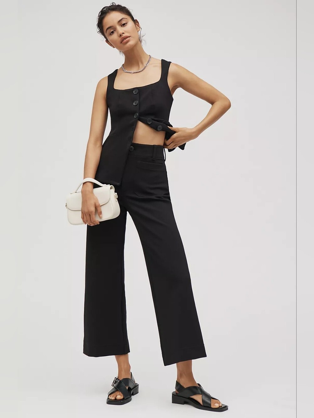 Maeve Colette Knit High-Rise Wide-Leg Cropped Pants Black Onyx 32